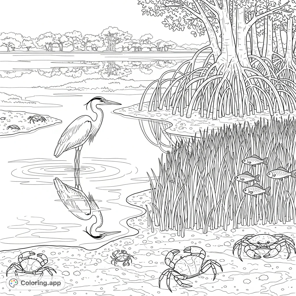 Explore a peaceful estuary where a heron, crabs, and fish thrive amidst marsh grasses and mangrove roots. A calming nature coloring page.