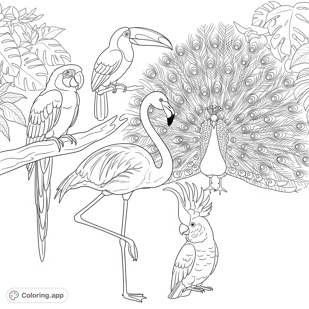 A vibrant composition featuring a macaw, toucan, flamingo, peacock, and cockatoo in a balanced layout amidst lush foliage. Perfect for bird lovers!