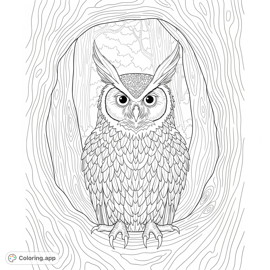 An intricate coloring page featuring a majestic, horned owl-like exotic species perched inside a detailed tree hollow against a soft, minimal forest background.