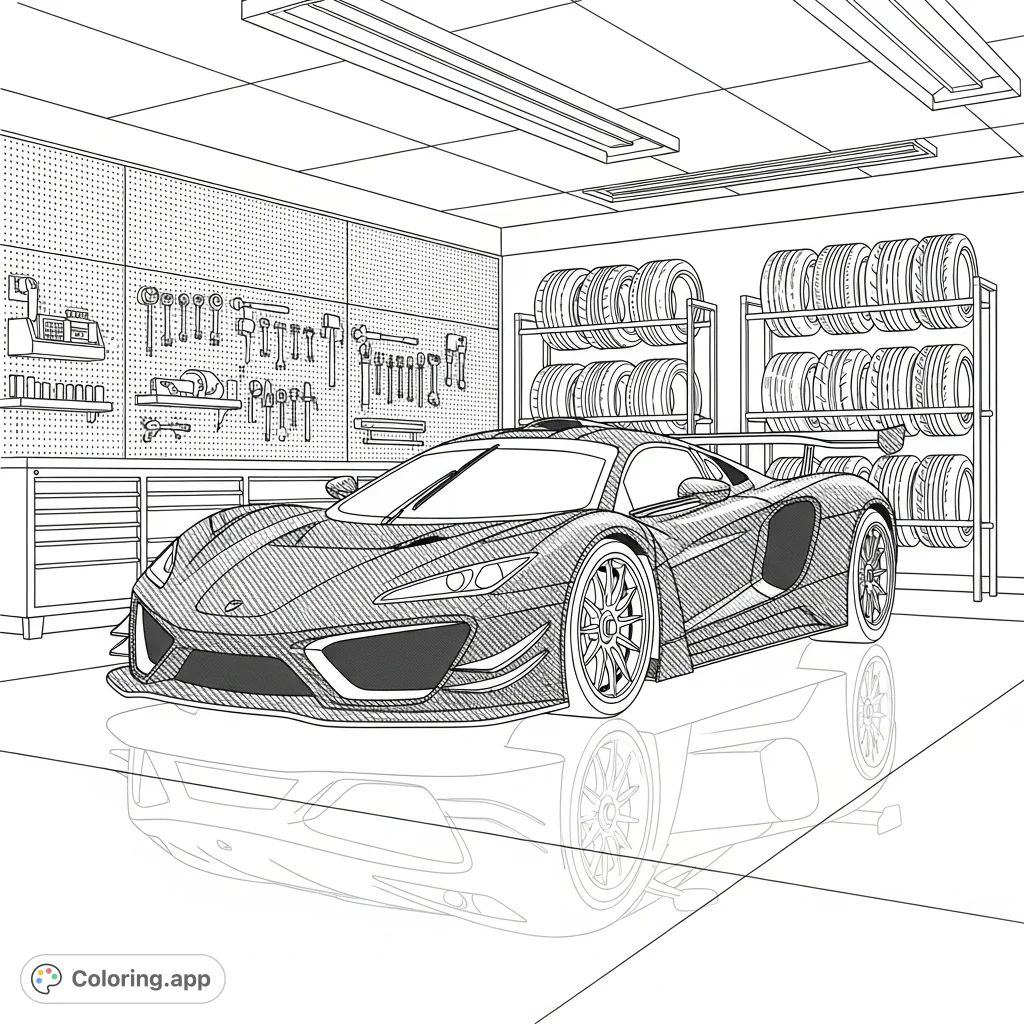 Explore a detailed coloring page featuring an exotic, race-inspired vehicle within a high-tech garage, complete with specialty tools and high-performance tires.