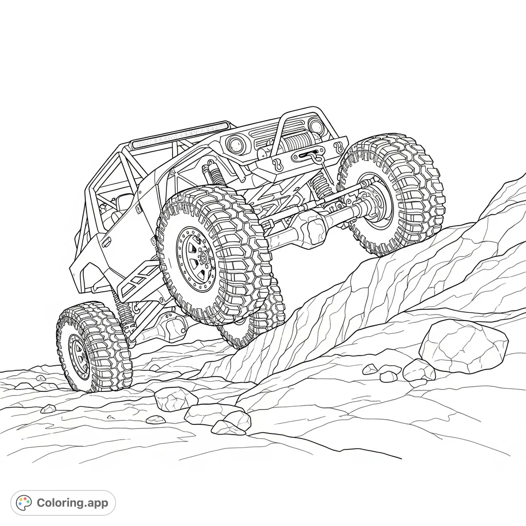 A powerful rock crawler navigates challenging terrain, showcasing extreme suspension flex with one wheel dramatically lifted. Perfect for automotive and off-road enthusiasts.