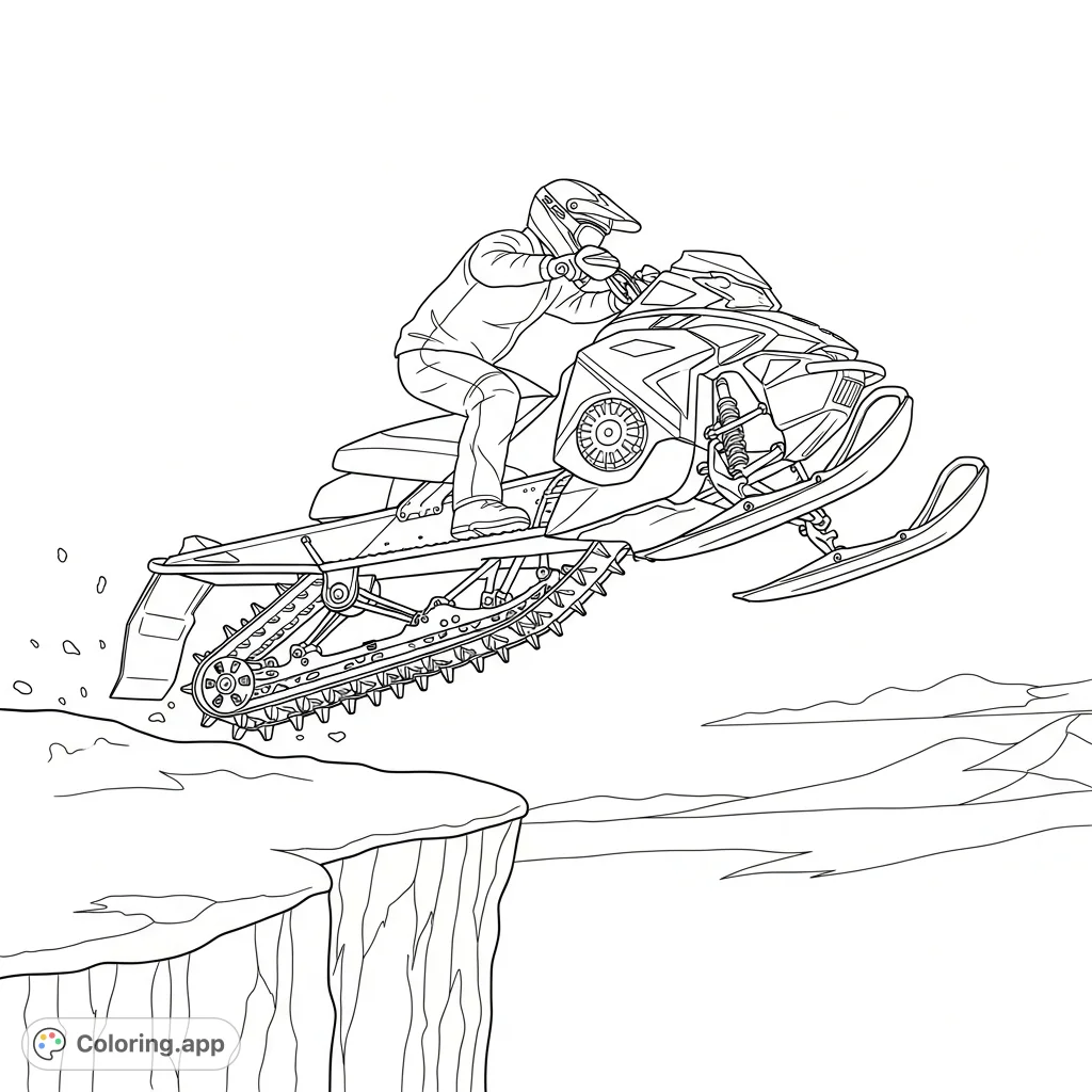 Experience the thrill of an extreme snowmobile cliff jump. A powerful snowmobile and rider are captured mid-air, soaring over a rugged cliff with a vast snowy landscape.