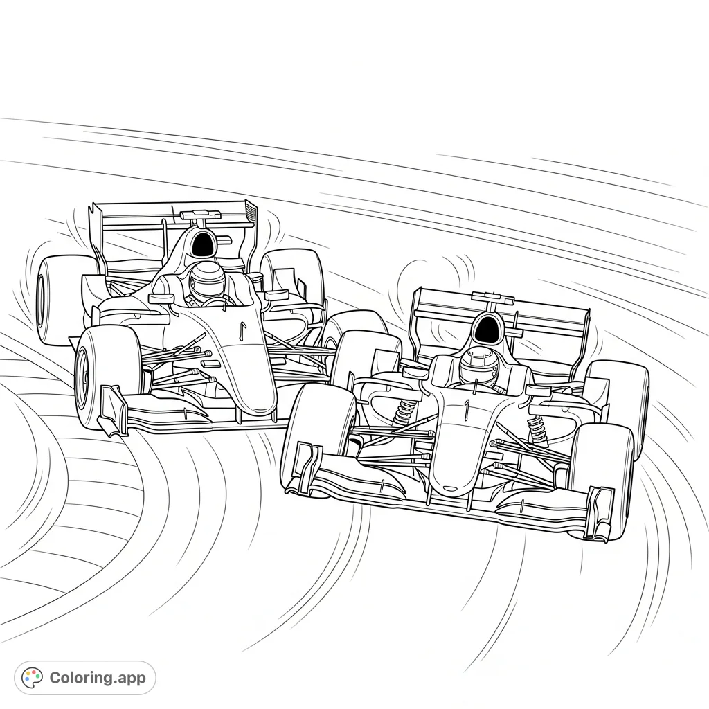 Experience the thrill of speed! Two F1-inspired race cars battle side-by-side on a dynamic racetrack with minimal background details, capturing an intense moment.