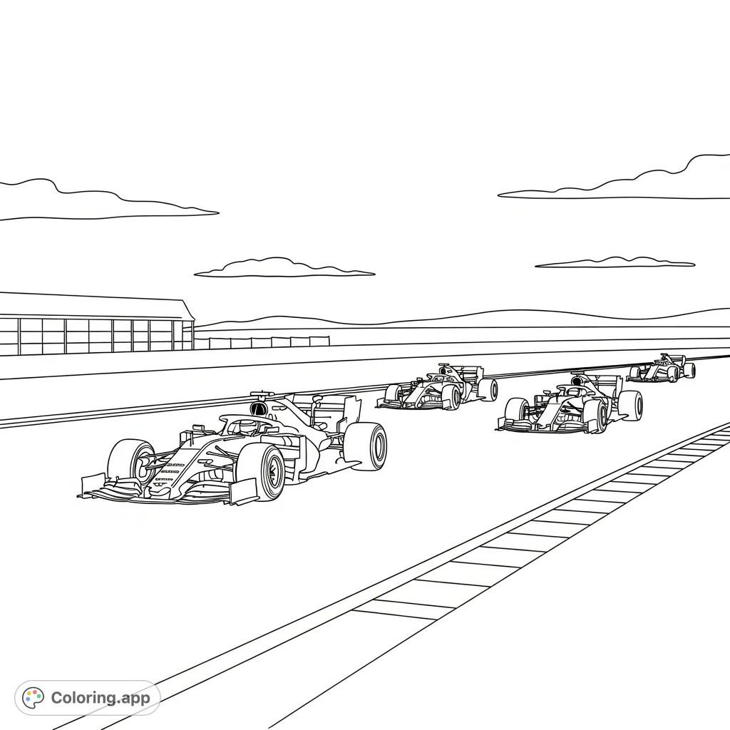 Experience the thrill of Formula 1 with this coloring page. Three high-performance cars navigate a detailed track under an open sky, ready for your artistic touch.
