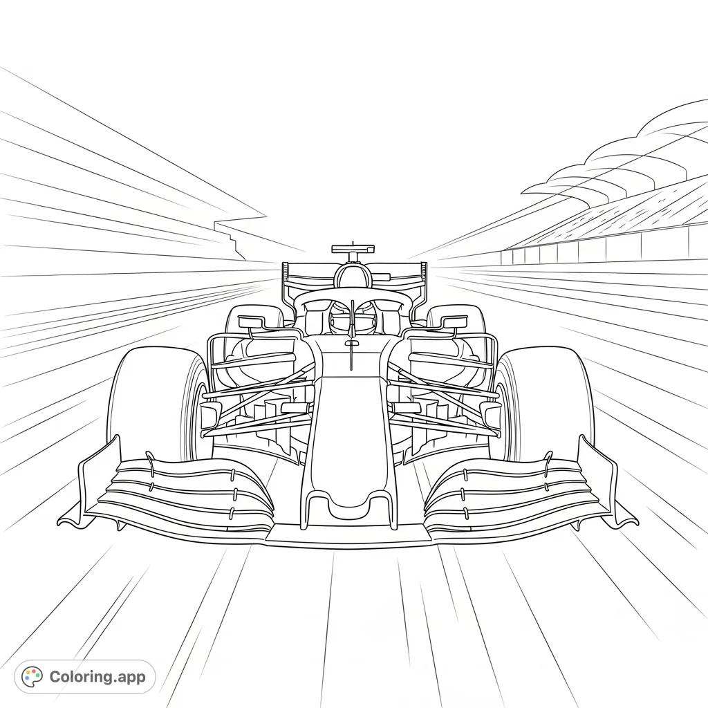 Experience the thrill of speed with this detailed F1 race car coloring page. A modern, aero-heavy car zooms across the track, ready for your artistic touch.