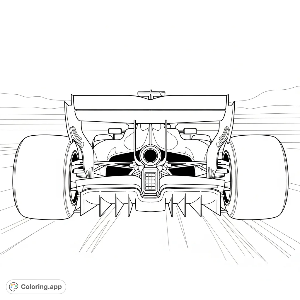 An intricate coloring page showcasing the rear view of a high-performance F1-style racing car with an open DRS wing and detailed aerodynamic components.