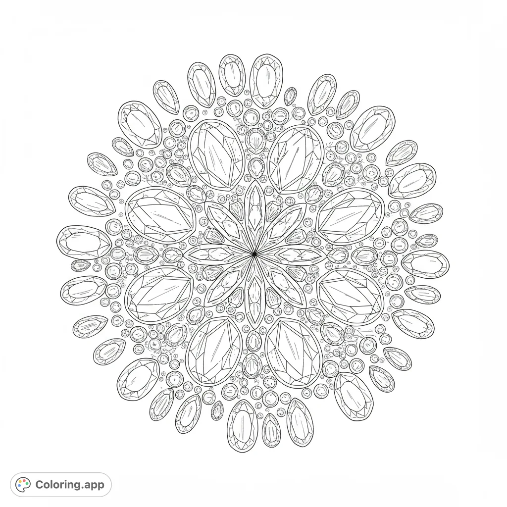 An intricate gemstone mandala coloring page featuring a dazzling array of faceted crystals and jewels, perfect for a sparkling creative escape.