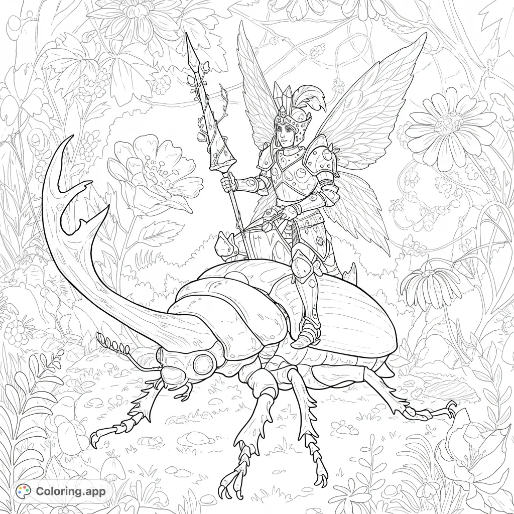 An enchanting fantasy coloring page featuring a brave fairy knight in armor, riding a majestic rhinoceros beetle through a magical, detailed forest. Perfect for all ages!