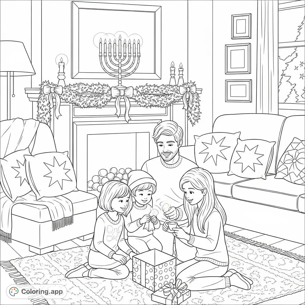 Gather your family for this heartwarming menorah celebration coloring page. Features a cozy living room scene with a family, a menorah, and gifts.