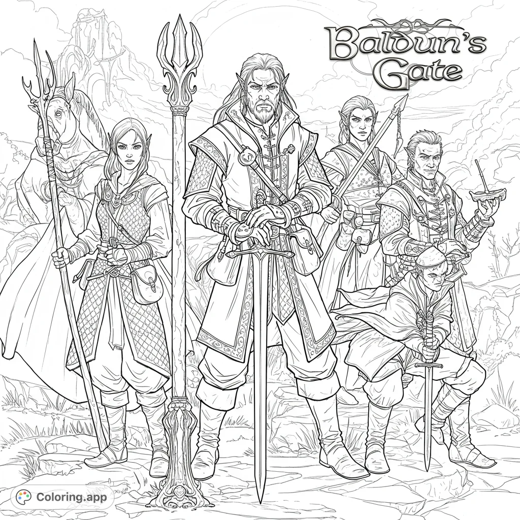 Epic fantasy adventure coloring page featuring a diverse group of heroic characters with intricate details, perfect for fans of role-playing games and quests.