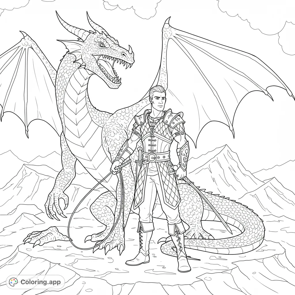 Epic fantasy coloring page featuring a brave knight and his powerful dragon companion amidst a rugged mountain landscape. Perfect for adventure lovers!