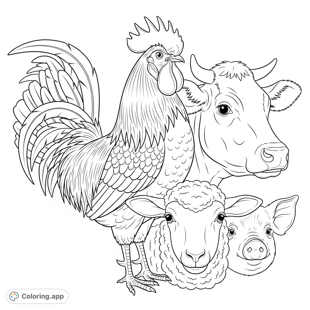 Discover a charming farm animal portraits coloring page, featuring a proud rooster, a gentle cow, a fluffy sheep, and a curious pig in a composite scene.