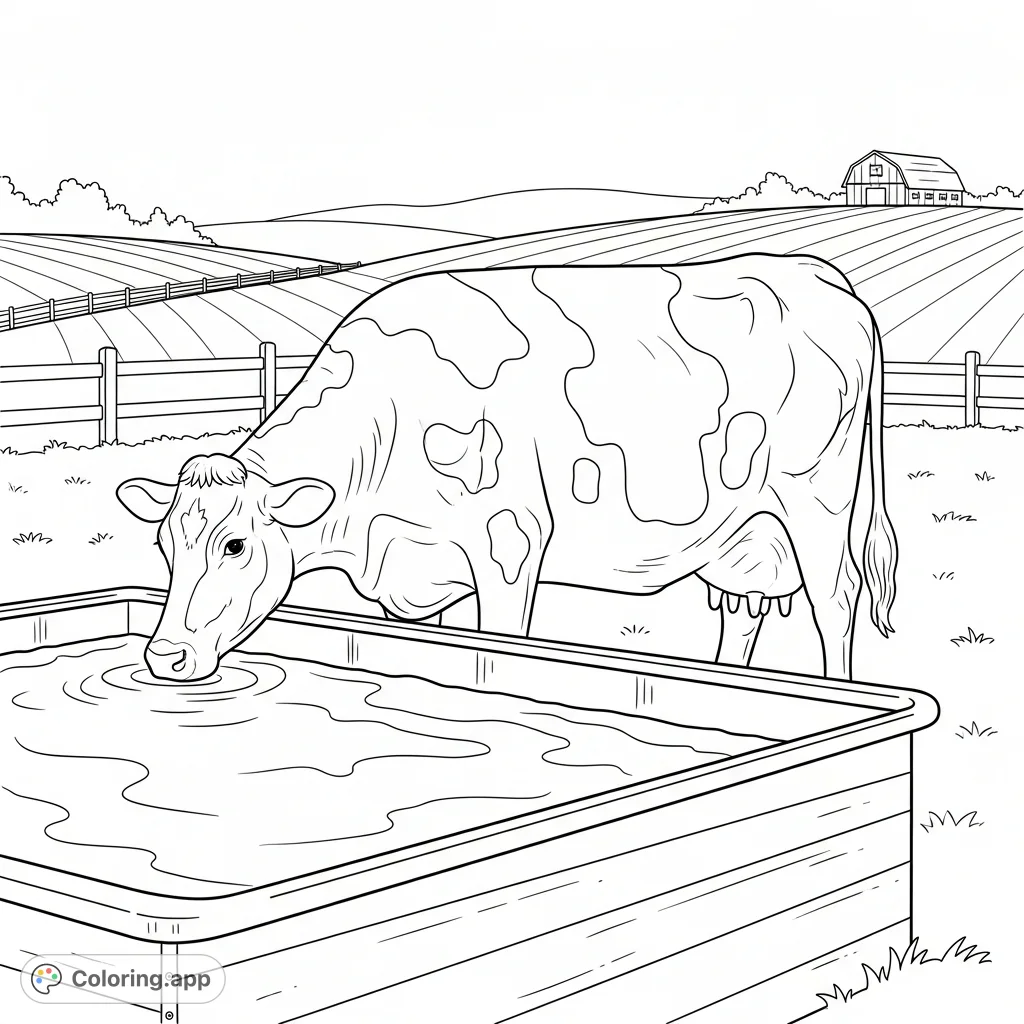 A serene coloring page featuring a placid farm cow lowering its head to drink from a textured metal water trough. Perfect for farm animal lovers.