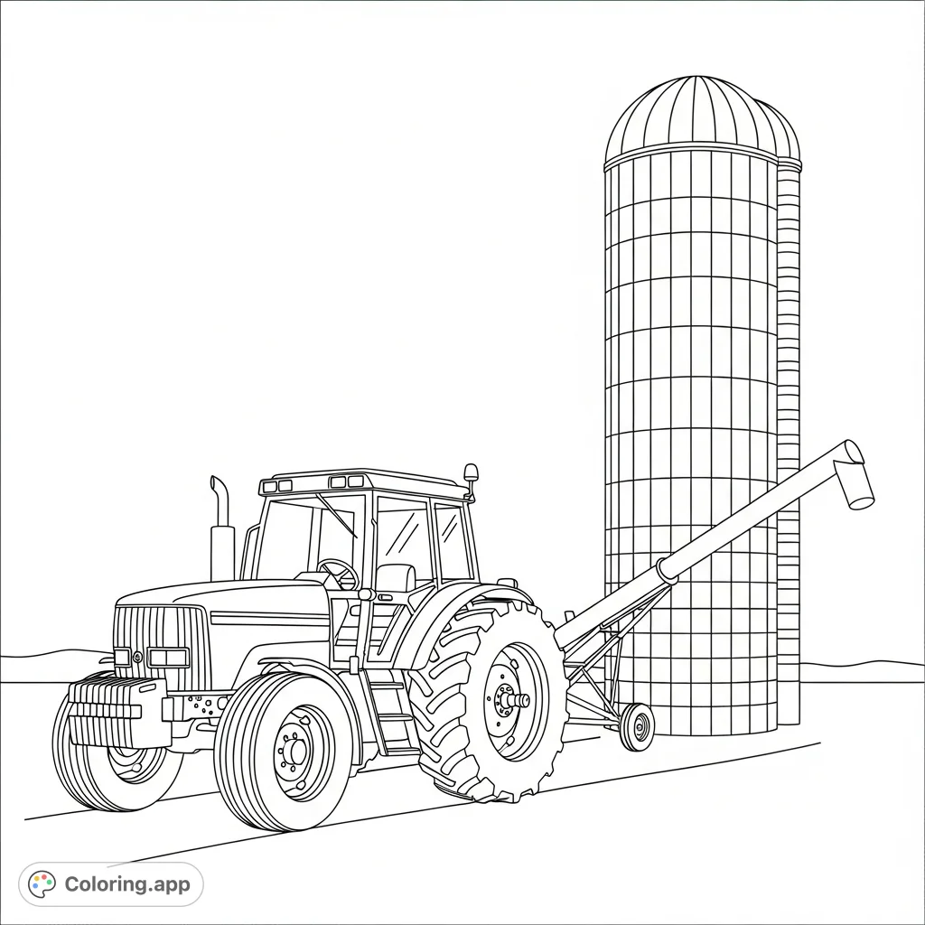A detailed coloring page featuring a sturdy farm tractor parked next to a tall silo with an extending grain auger. Perfect for farm enthusiasts!