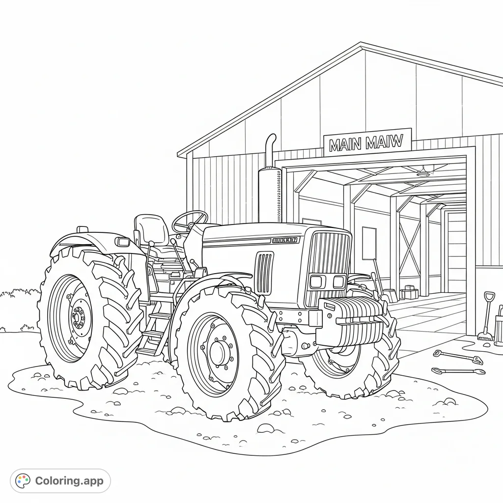 Color a sturdy farm tractor parked before a machinery garage with simplified door frames. Explore rustic details and a practical setting.