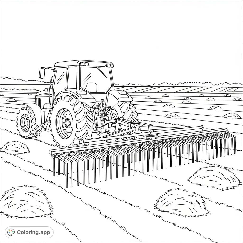 A classic farm tractor diligently pulls a hay rake across an expansive agricultural field, featuring simplified rake tines for an engaging coloring experience.
