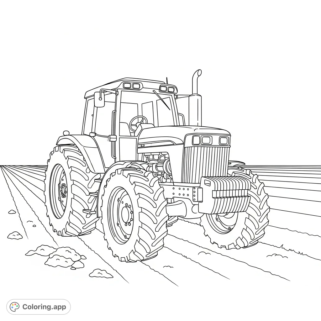 Explore a detailed farm tractor, featuring narrow-row tires in a field with simple crop lines. Perfect for enthusiasts of agriculture and machinery.
