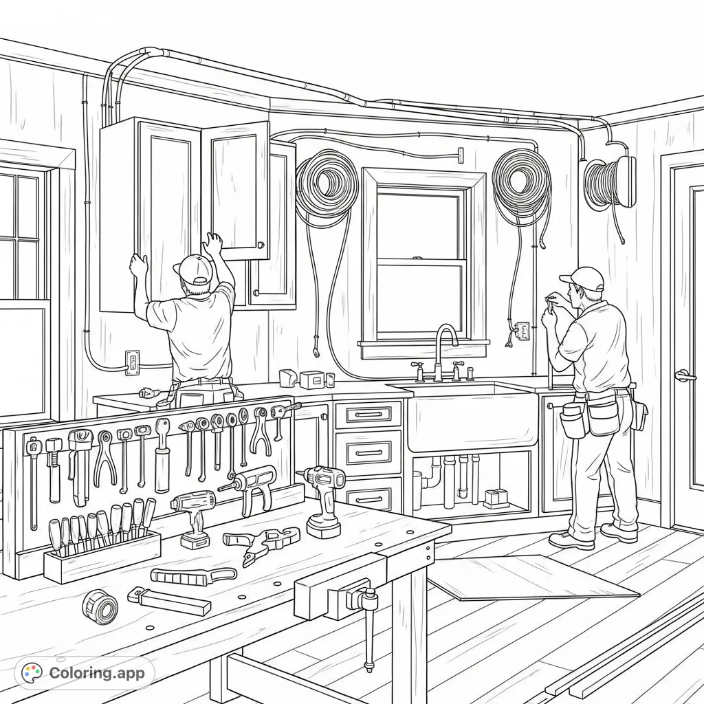 Immerse yourself in the detailed scene of a farmhouse kitchen under construction, featuring workers installing custom cabinetry, an apron sink, and various tools.