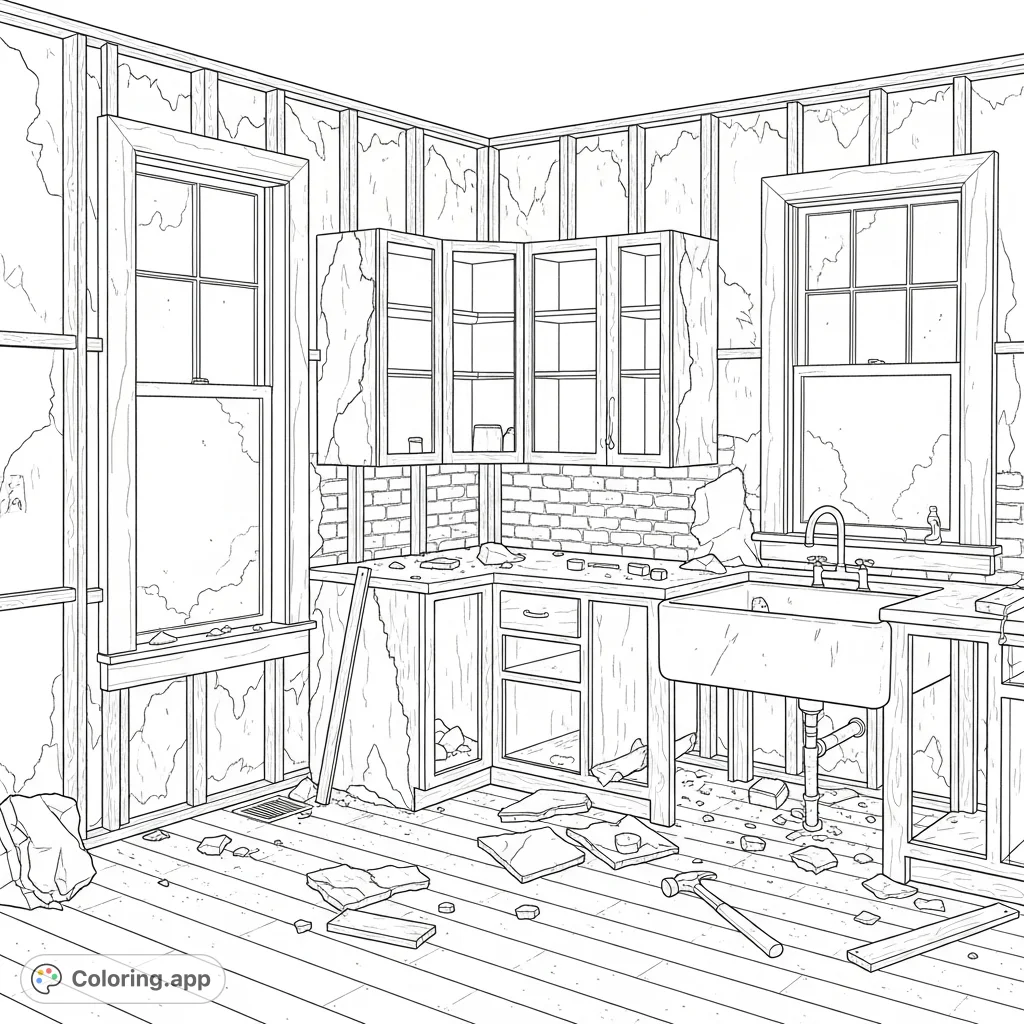 Explore a detailed farmhouse kitchen mid-demolition, featuring exposed studs, brick walls, a cast-iron sink, and scattered debris. A unique transformation scene.