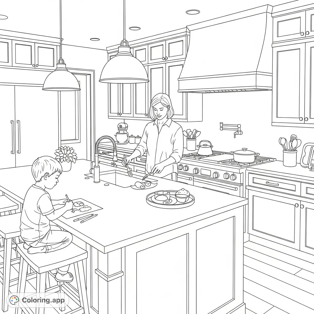 A heartwarming farmhouse kitchen scene with a child drawing at the island and a parent cooking at the gas range, filled with light and domestic charm.