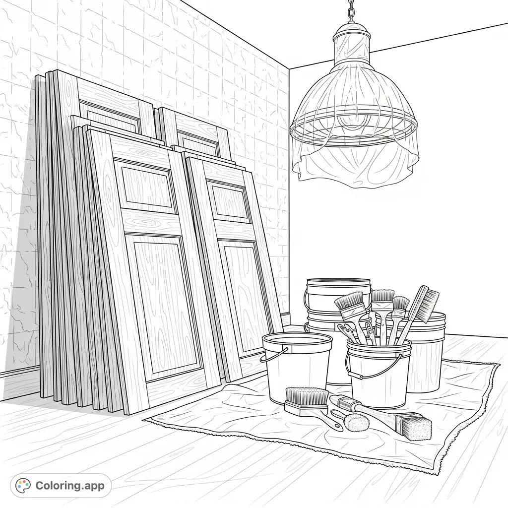 Explore a detailed farmhouse kitchen renovation coloring page, featuring stacks of unfinished wooden cabinet doors, paint buckets, and a wrapped industrial light fixture.