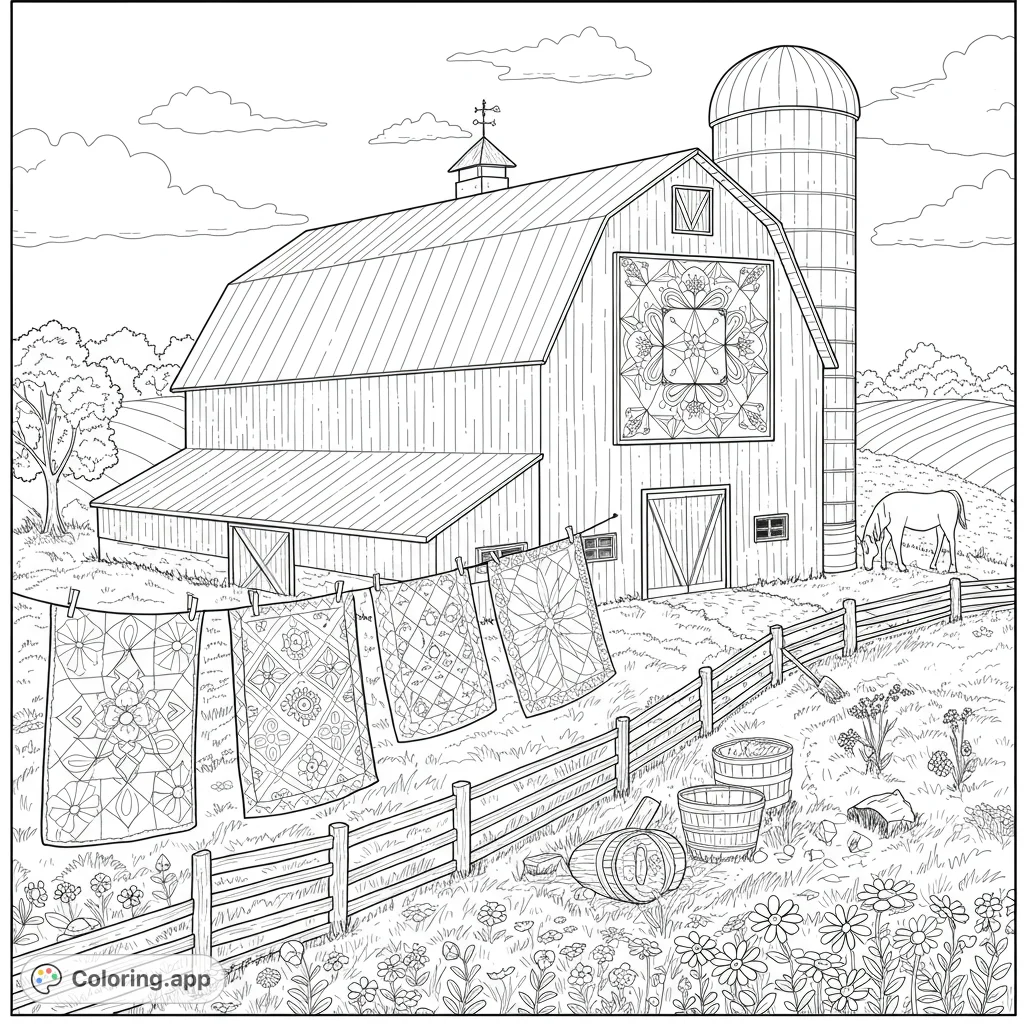 A charming farm scene featuring a large barn with a quilt block, quilts on a clothesline, a grazing horse, and wildflowers.
