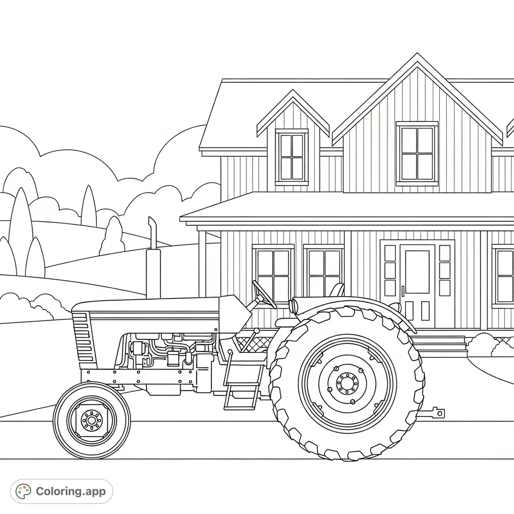 A charming farmhouse scene with a sturdy tractor parked nearby, featuring simplified shapes perfect for relaxing coloring. Explore peaceful rural life.