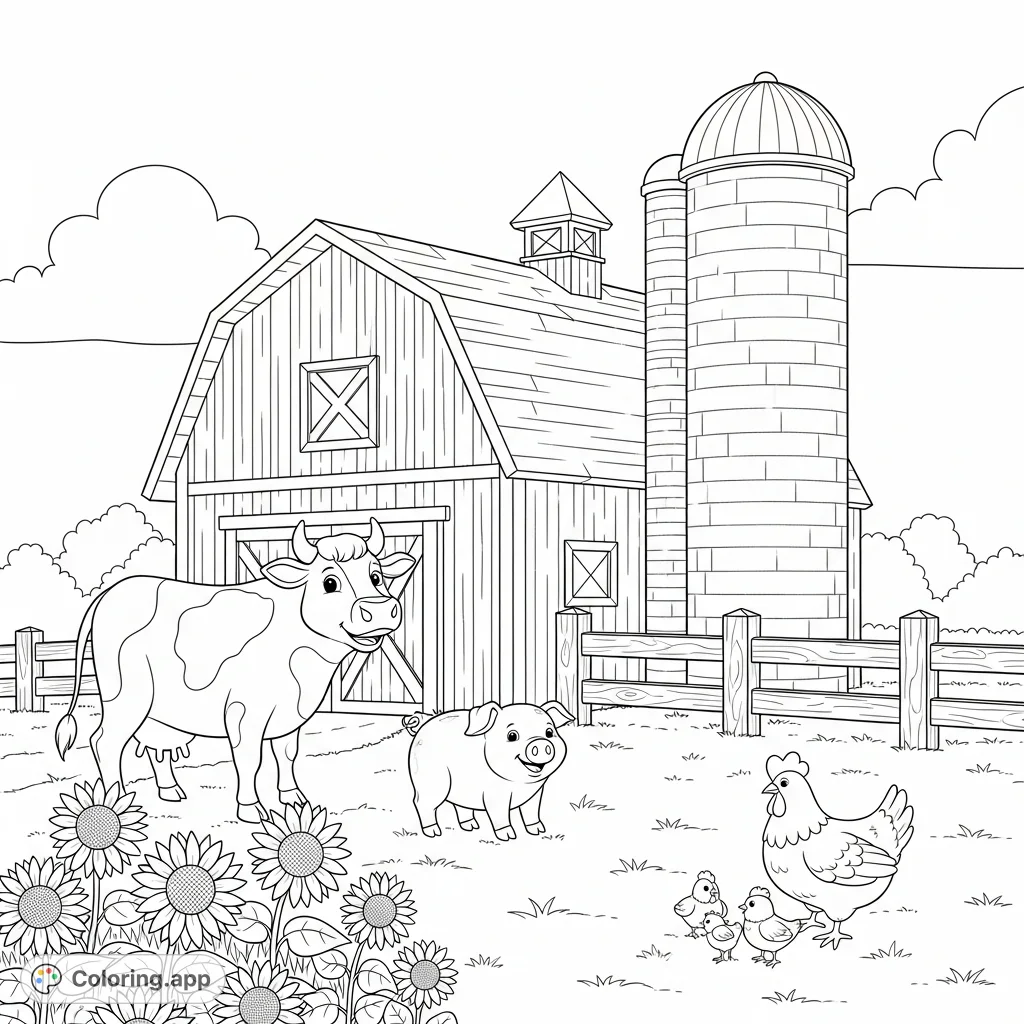 Discover a charming farmyard scene featuring a prominent barn, a tall silo, and a gathering of friendly farm animals: a cow, a pig, and a hen with her chicks.