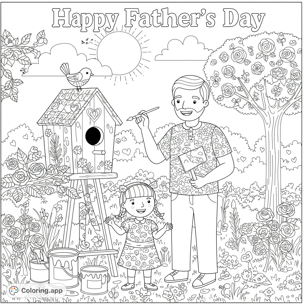 A heartwarming Father's Day coloring page featuring a father and daughter painting a birdhouse in a vibrant garden, perfect for family fun.