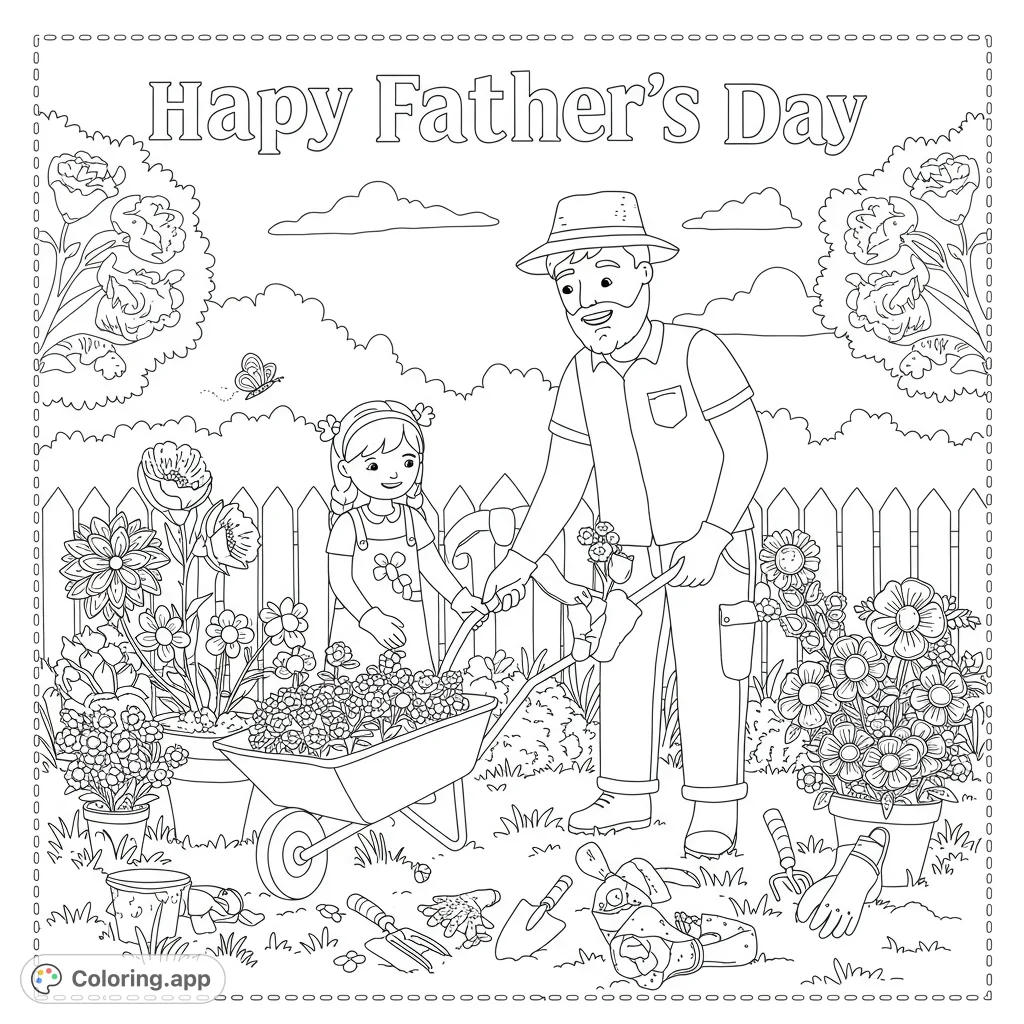 A heartwarming garden scene with a father and daughter planting flowers, surrounded by tools and blooming plants. A perfect free printable coloring page.
