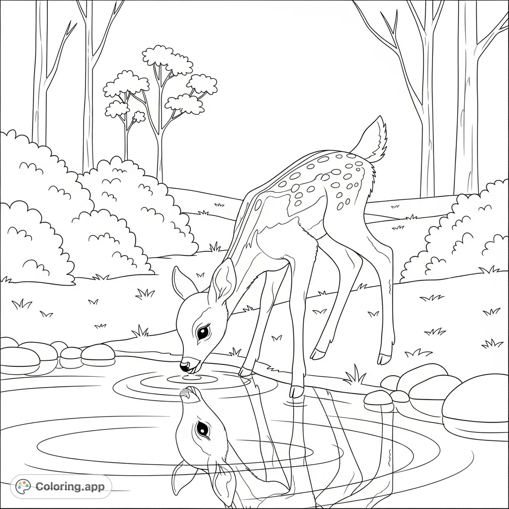 A tranquil scene featuring a delicate deer fawn gently drinking from a small pond, with soft reflections and a peaceful meadow background. Perfect for relaxation.
