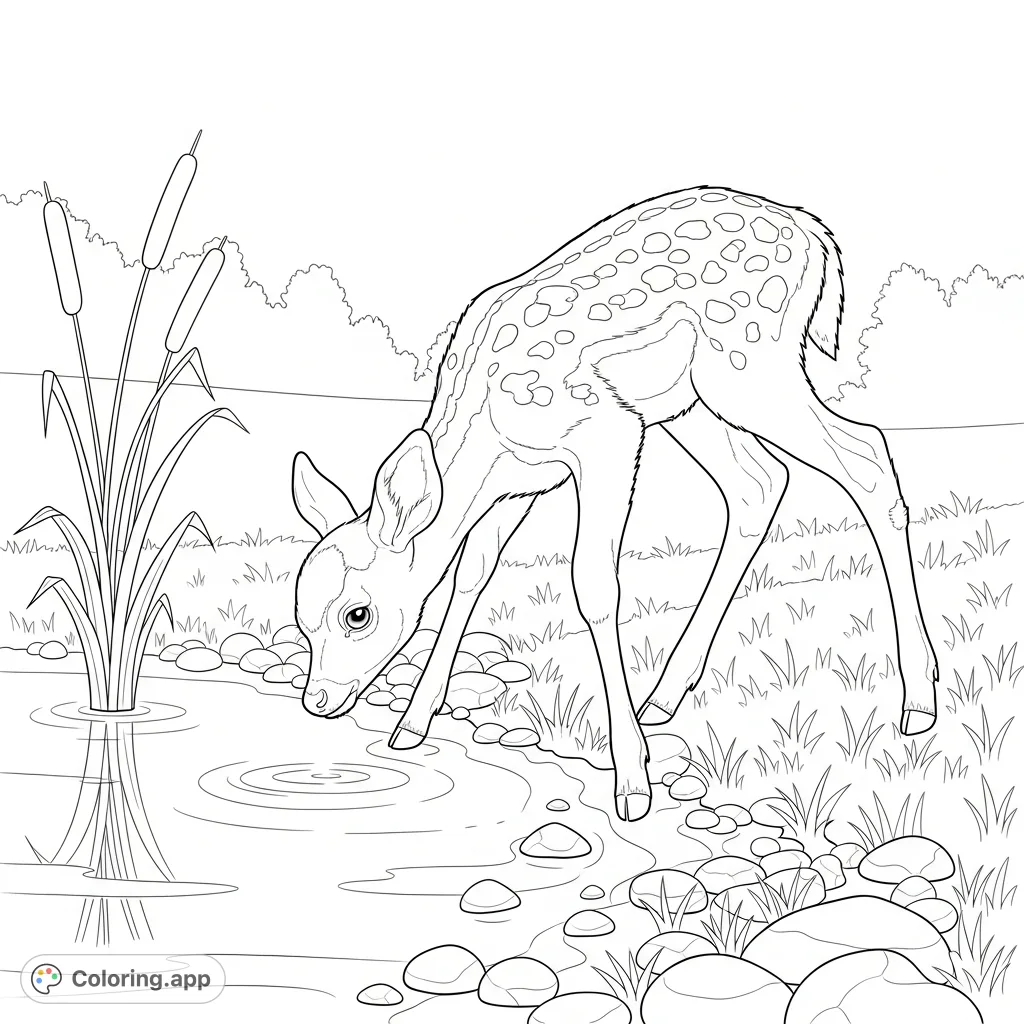 A peaceful coloring page featuring a delicate fawn bending to drink from a calm, shallow pond, surrounded by subtle natural elements like reeds and distant trees.