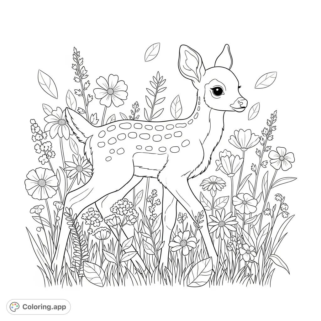 A charming fawn with simplified spots navigates a lush meadow brimming with tall, varied wildflowers, offering a delightful nature scene to color.