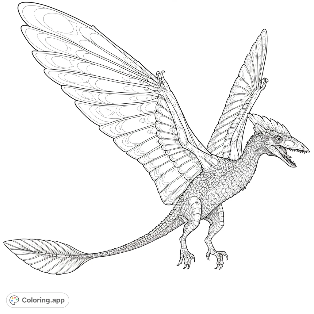 Soar with this detailed feathered dinosaur coloring page! Intricate scales and majestic wings offer a challenging, free printable coloring experience.