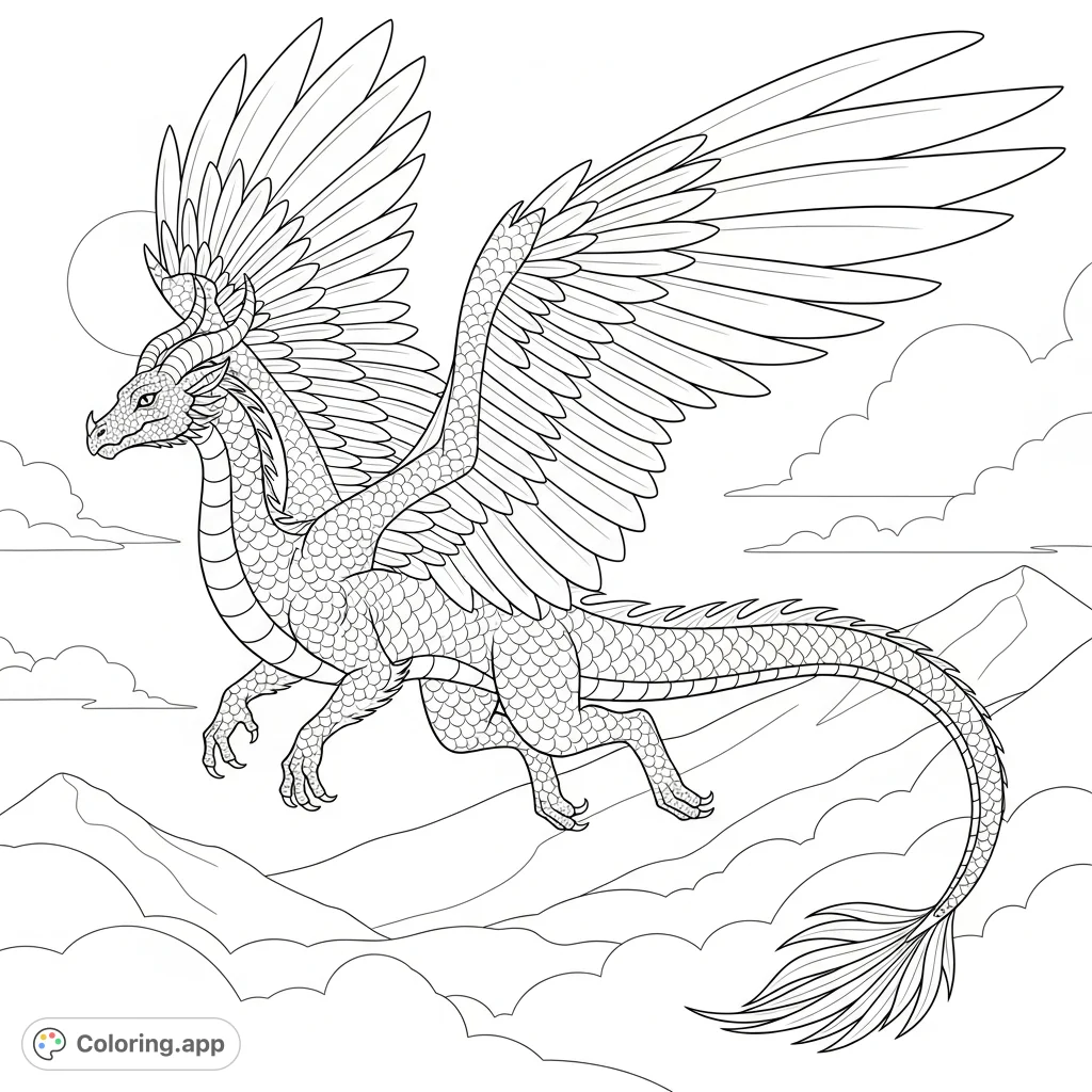An intricate coloring page featuring a majestic dragon with detailed feathered wings soaring gracefully over a landscape of clouds and distant mountains.