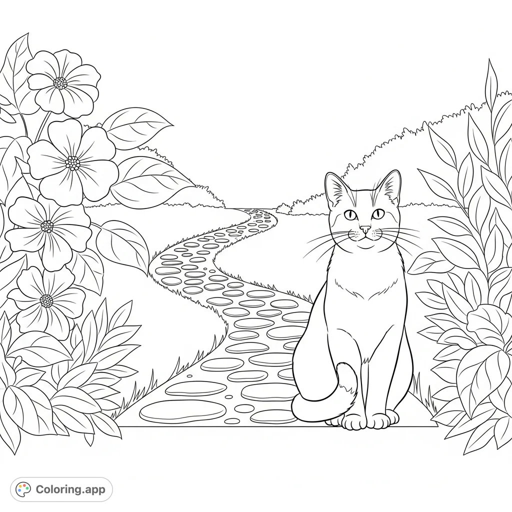A charming coloring page featuring a domestic cat poised serenely at the edge of a winding garden path, surrounded by lush flora.