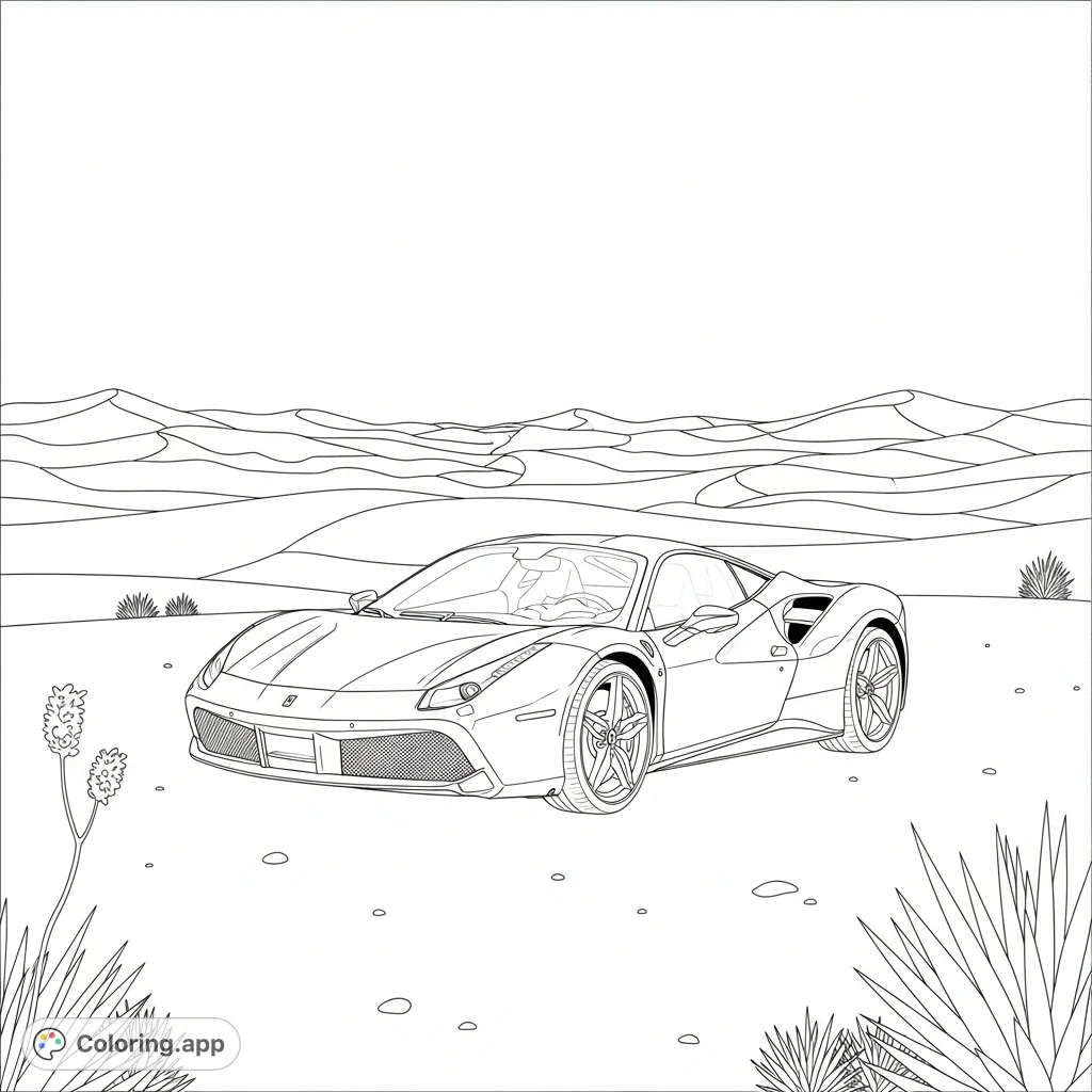 A powerful Ferrari 488 GTB poised in a desolate desert at sunset, its sleek lines and long shadows offering a thrilling scene for car enthusiasts to color.