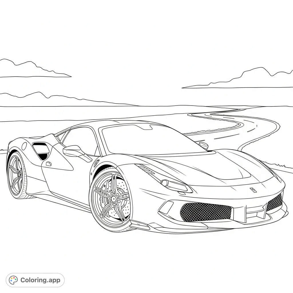 Color a dynamic, Ferrari-inspired supercar with sharp aerodynamic lines and bold features. Perfect for car enthusiasts seeking a detailed challenge.