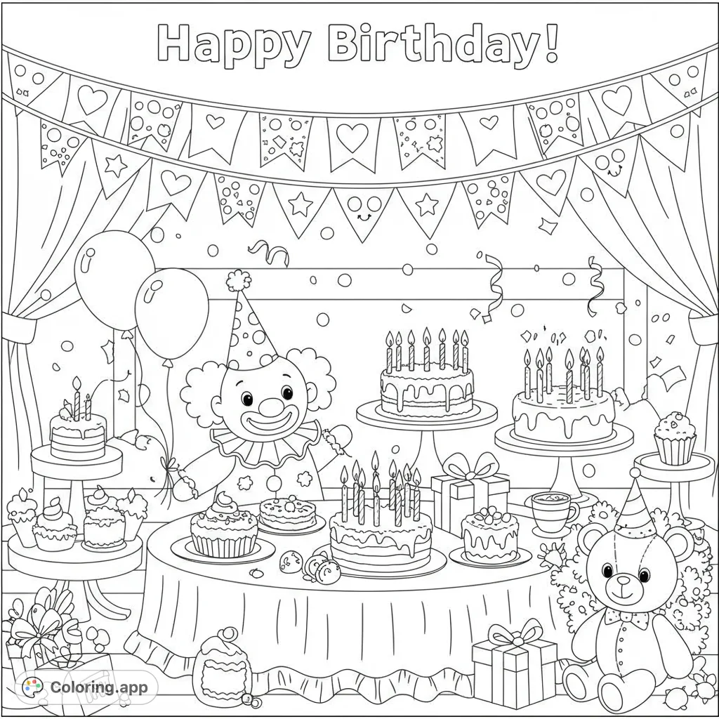 A delightful birthday party coloring page featuring a cheerful clown, a cute teddy bear, cakes, balloons, and festive decorations. Perfect for celebrating!