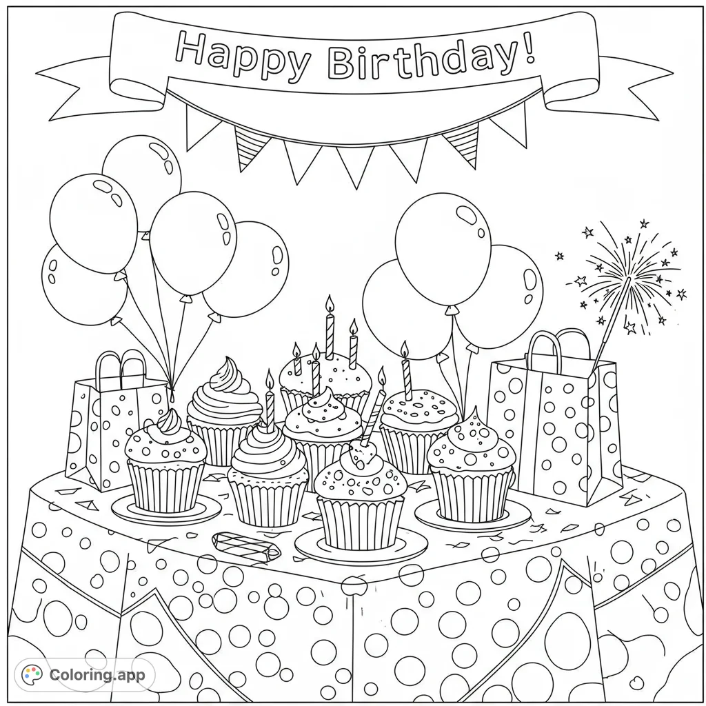 A delightful birthday party scene featuring festive cupcakes, balloons, and gifts on a polka-dotted table, perfect for celebration coloring.
