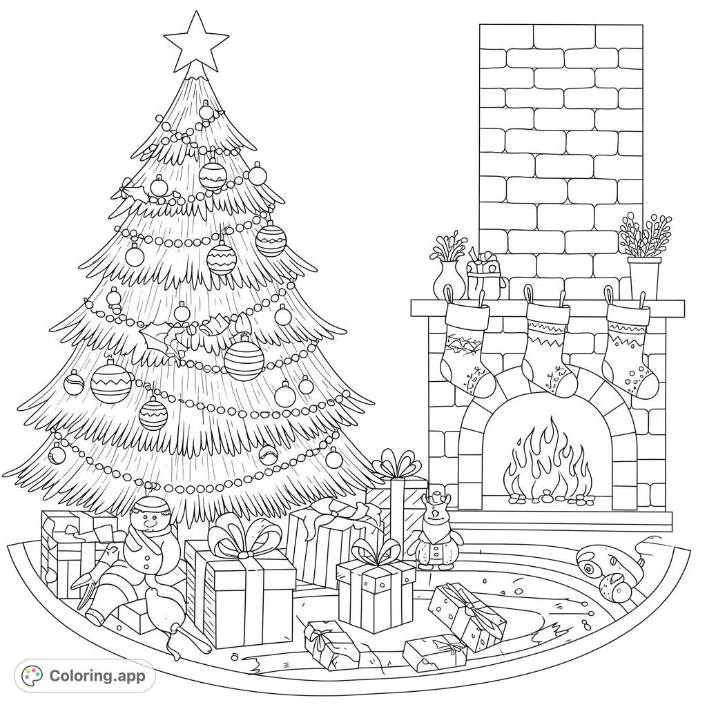 A festive Christmas scene with a decorated tree, cozy fireplace, stockings, and presents, perfect for holiday coloring fun.