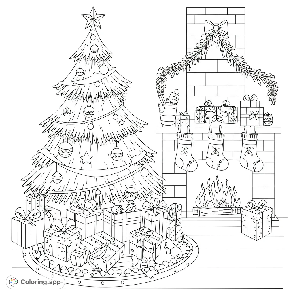 A festive Christmas scene featuring a beautifully decorated tree laden with presents and a cozy fireplace adorned with stockings and garland.