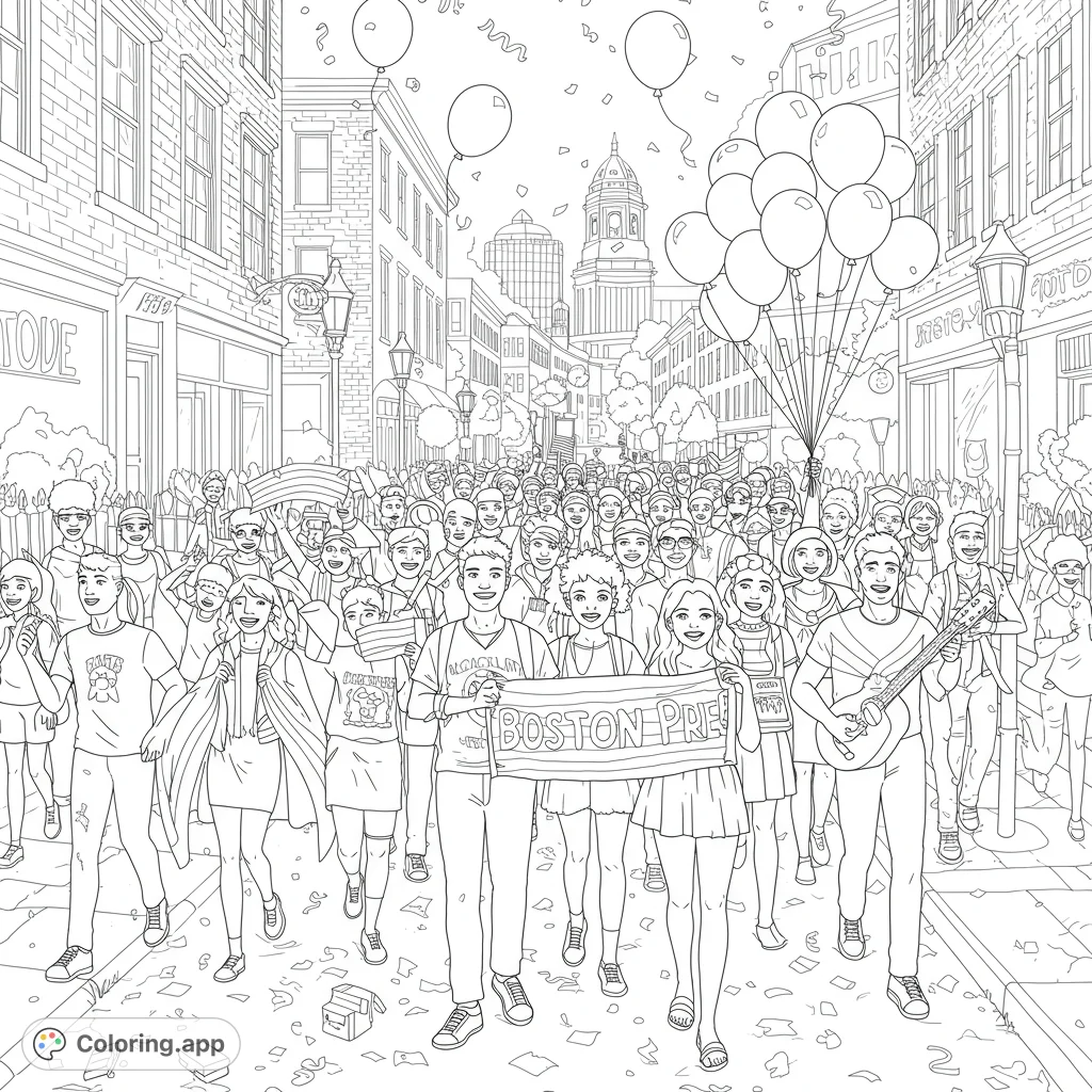 A vibrant city parade scene with a diverse crowd, balloons, and confetti, perfect for a festive and detailed coloring experience.