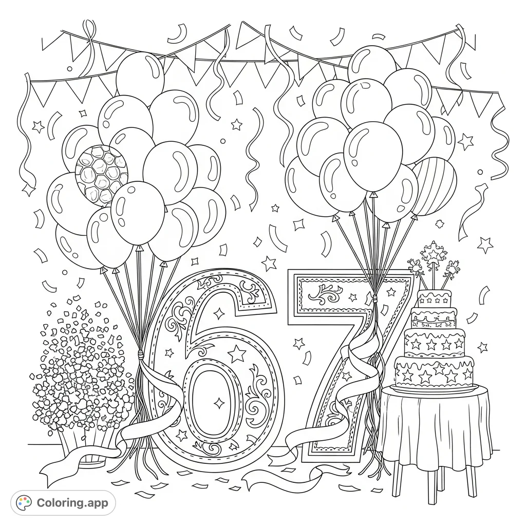 A joyous celebration scene featuring ornate '6' and '7' numbers, adorned with balloons, ribbons, confetti, and a star-decorated tiered cake. Perfect for birthdays!