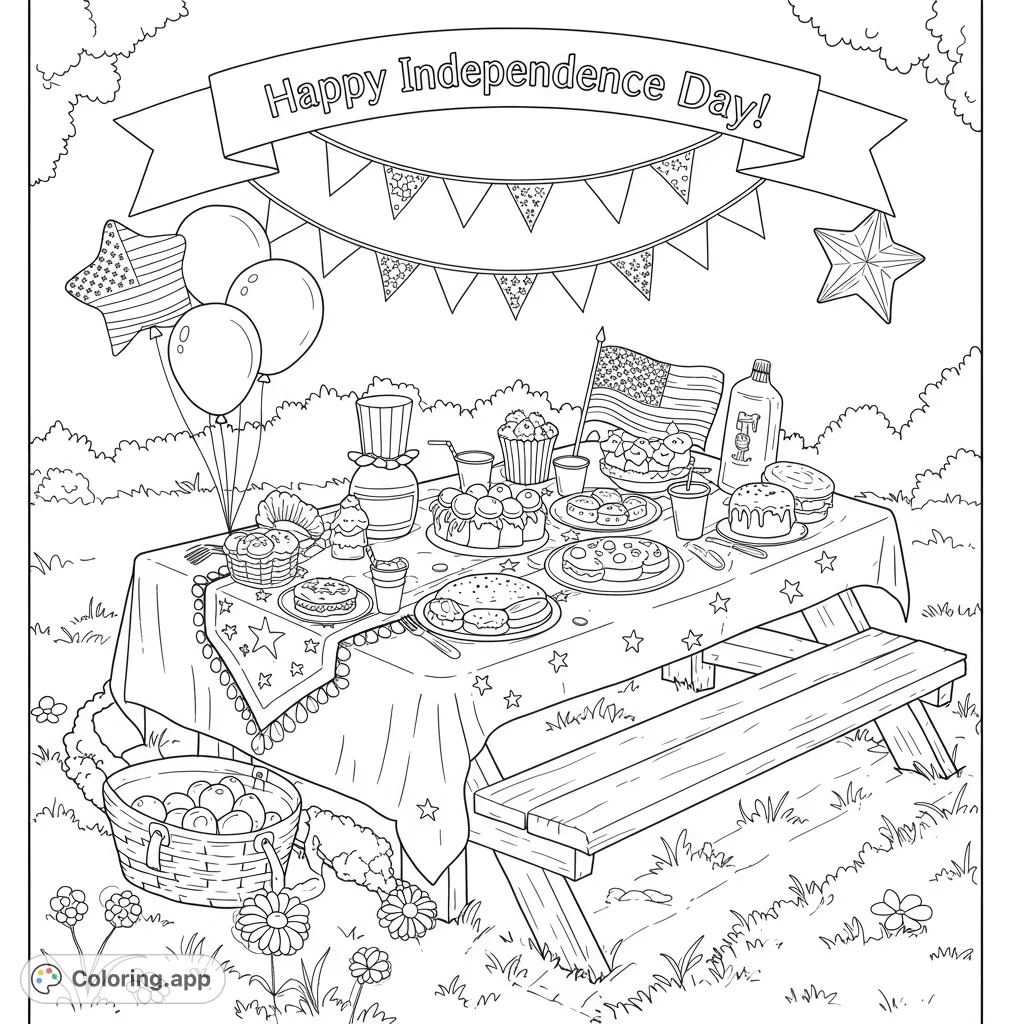 Celebrate with this festive outdoor picnic scene! Features a table laden with treats, balloons, and patriotic decorations, perfect for a joyful coloring experience.