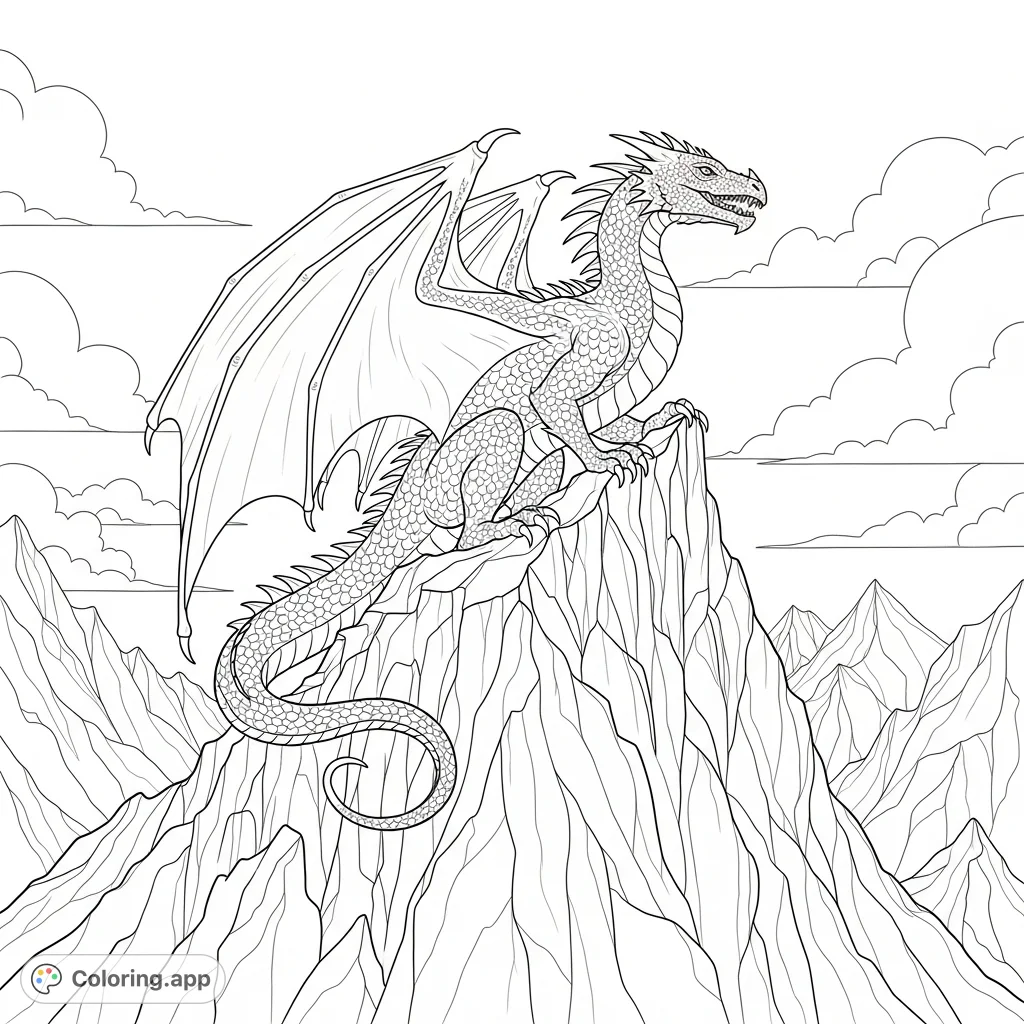 A majestic dragon with spread wings dominates a rugged mountain peak, its powerful form detailed with scales and sharp features, set against a dramatic sky.