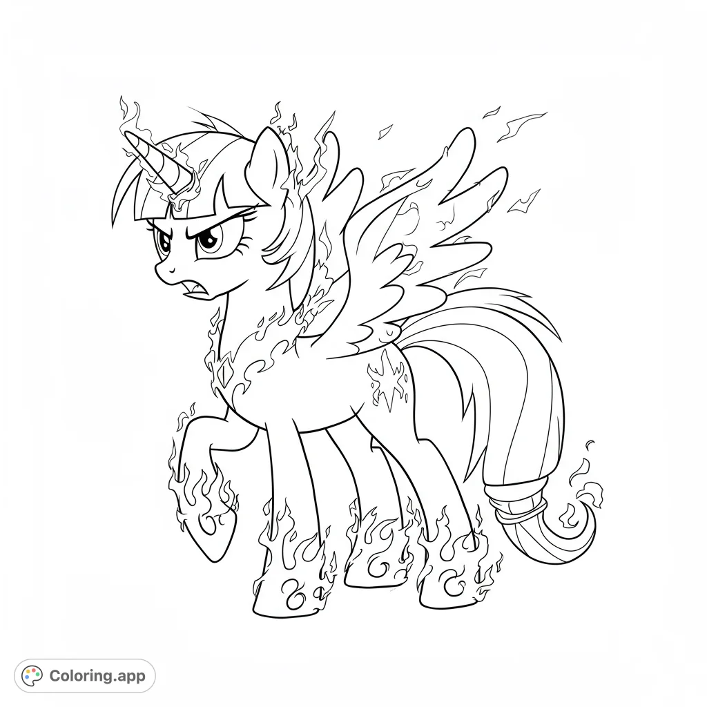 A powerful, fiery alicorn coloring page, perfect for fantasy fans! Unleash your creativity on this free printable mythical creature design.