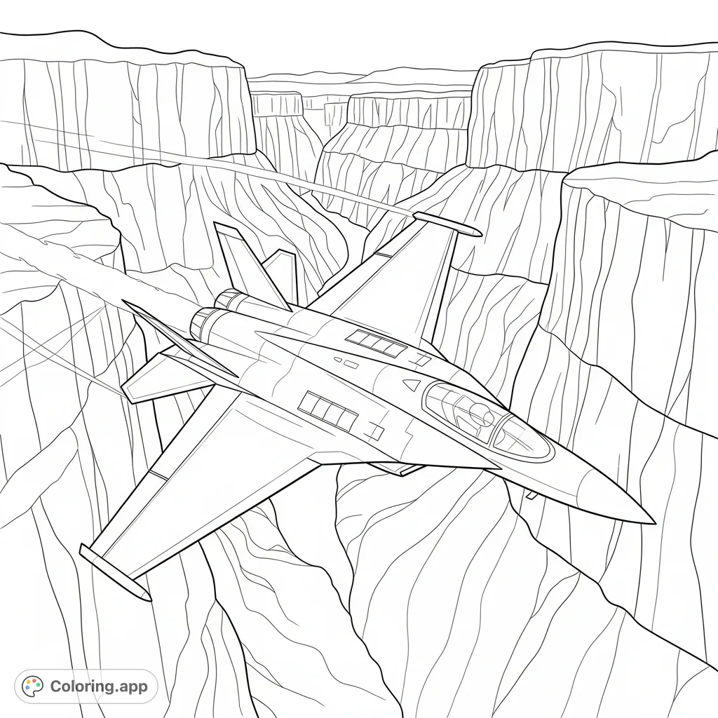 A powerful fighter jet soars through a dramatic canyon with simplified, bold rock formations. A thrilling scene inviting creative exploration.