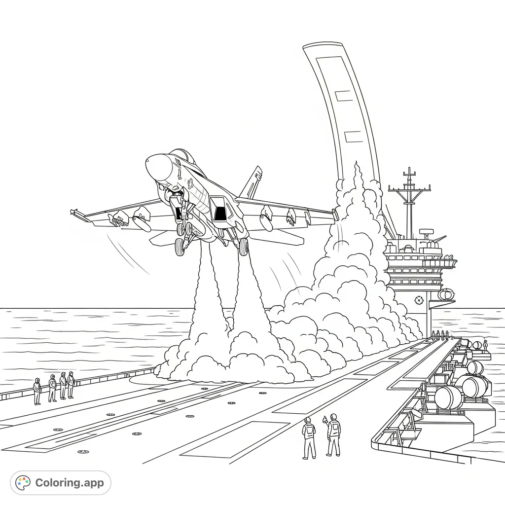 Dynamic coloring page featuring a fighter jet launching from an aircraft carrier. Explosive steam clouds and ocean backdrop create a powerful aviation scene.