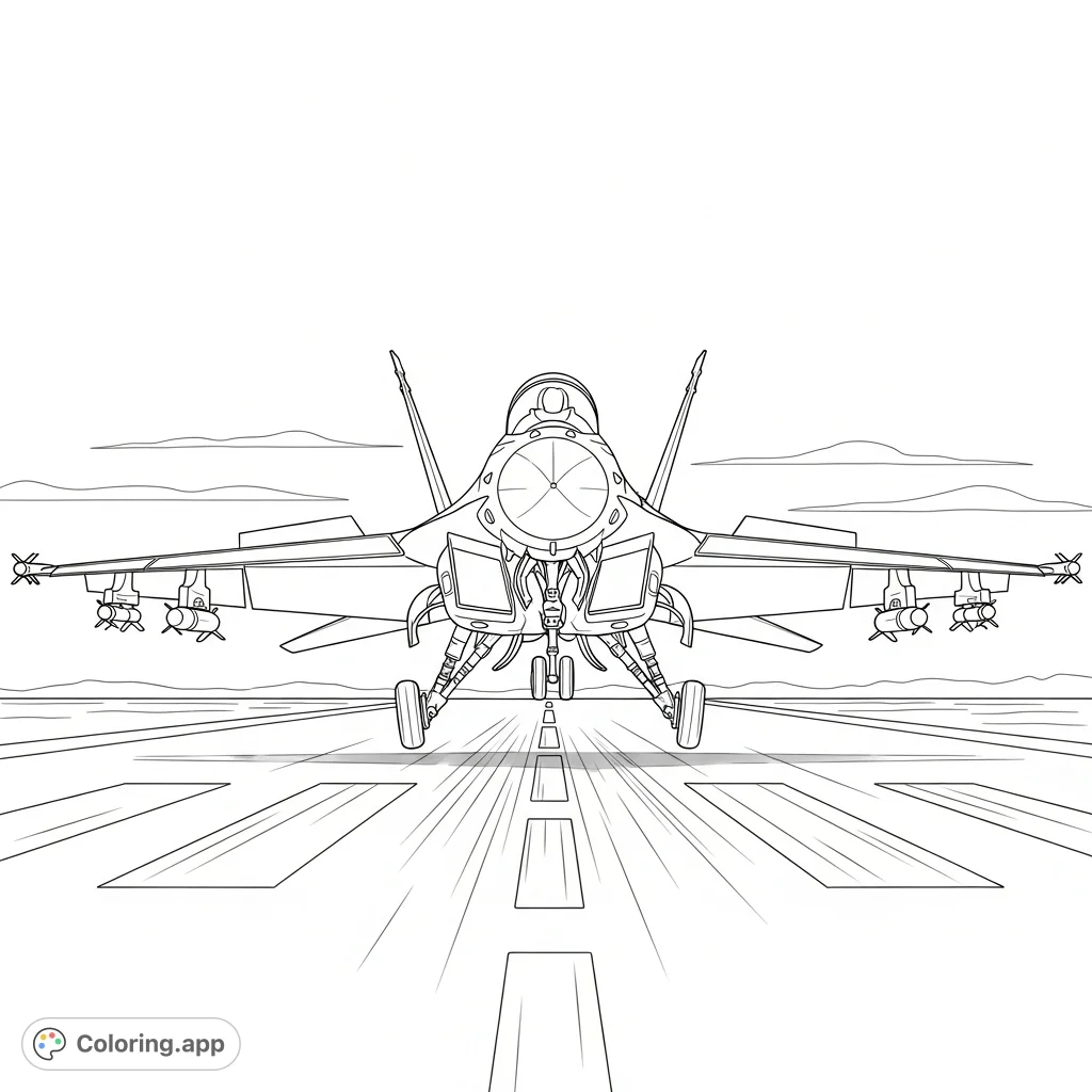 Experience the thrill of aviation with this detailed fighter jet landing coloring page. Perfect for enthusiasts of all ages.